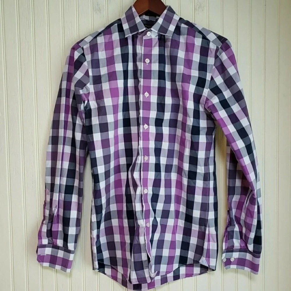 Banana Republic Dress Shirt Mens Small 14.5 Purple Gingham Non Iron Long Sleeve